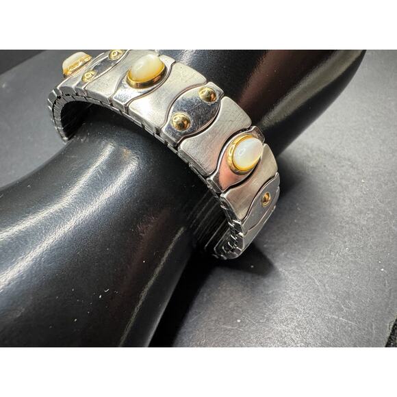 Zoppini Italy Stainless Steel 750 18k Gold Pearl Accents Stretch Bracelet - Picture 2 of 10